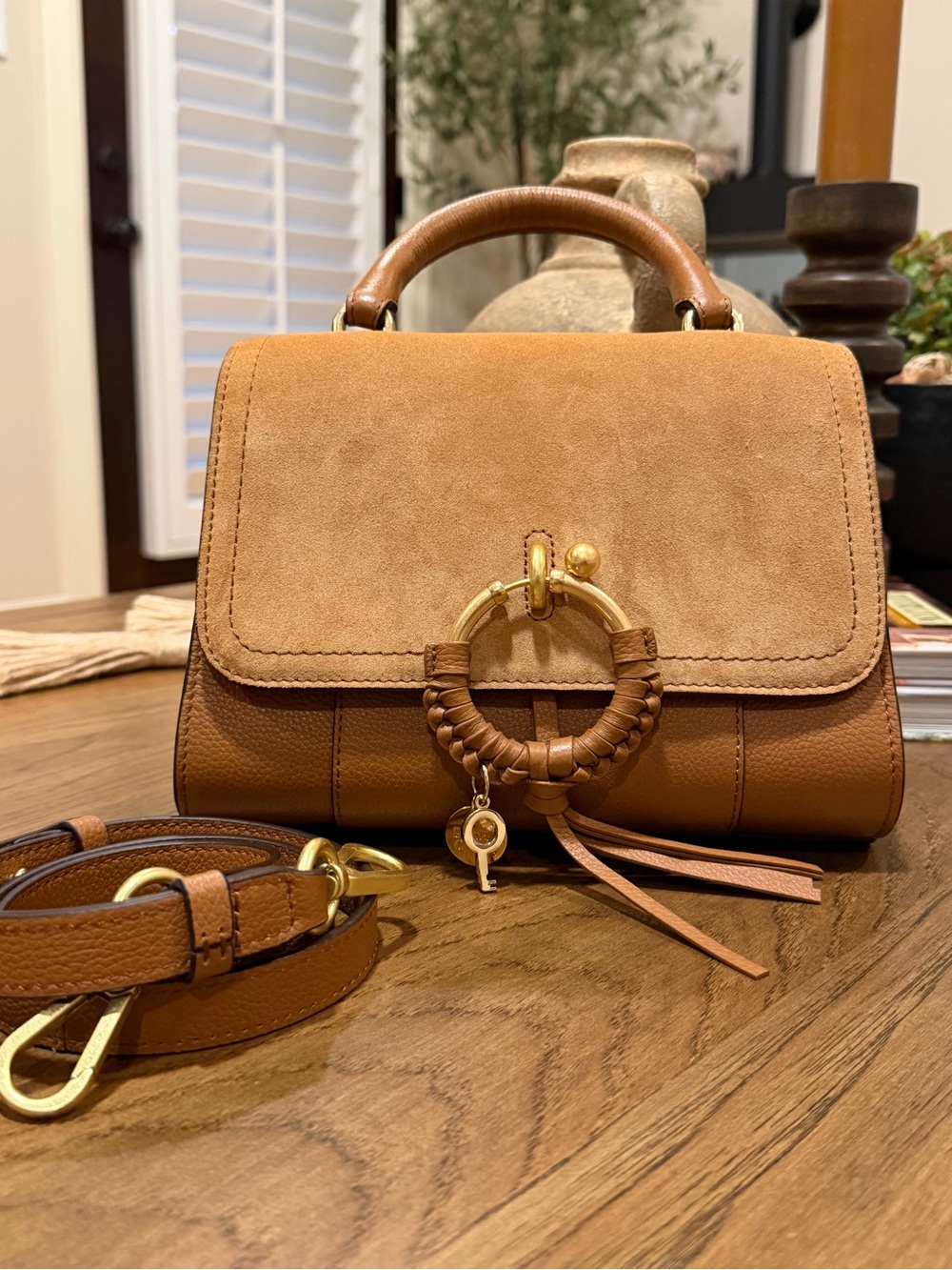 Suede & Leather Top-Handle Bag in Tan